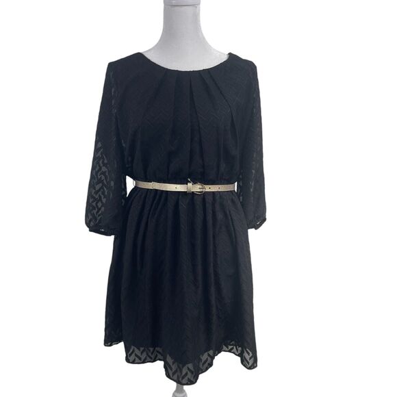 A. Byer Black Cocktail Midi Dress 3/4 Sleeve Sheer Lined Gold Belt Slimming Goth - Picture 1 of 6